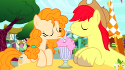 Size: 1600x900 | Tagged: safe, screencap, bright mac, pear butter, earth pony, pony, g4, the perfect pear, female, male, milkshake, sharing a drink, ship:brightbutter, shipping, straight, straw