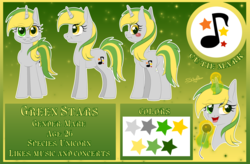 Size: 1219x800 | Tagged: safe, artist:unisoleil, oc, oc only, oc:green stars, pony, unicorn, butt, female, heterochromia, magic, mare, microphone, plot, reference sheet, solo