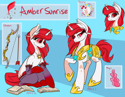 Size: 1280x994 | Tagged: safe, artist:twoshoesmcgee, oc, oc only, oc:amber sunrise, pony, unicorn, armor, arrow, book, bow (weapon), bow and arrow, clothes, female, mare, reference sheet, socks, solo, weapon