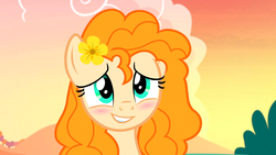 Size: 1600x900 | Tagged: safe, screencap, pear butter, earth pony, pony, g4, the perfect pear, blushing, buttercup, cute, flower, flower in hair, sunset