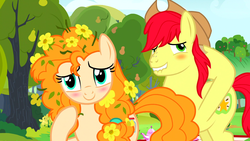 Size: 1600x900 | Tagged: safe, screencap, bright mac, pear butter, earth pony, pony, g4, the perfect pear, blushing, buttercup, cowboy hat, female, flower, flower in hair, hat, male, messy mane, ship:brightbutter, shipping, straight