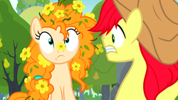 Size: 1600x900 | Tagged: safe, screencap, bright mac, pear butter, earth pony, pony, g4, the perfect pear, cowboy hat, cute, female, flower, flower in hair, hat, male, messy mane, ship:brightbutter, shipping, shocked, straight, worried