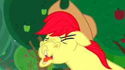 Size: 1600x900 | Tagged: safe, screencap, bright mac, earth pony, pony, g4, season 7, the perfect pear, apple tree, cowboy hat, faic, funny face, great moments in animation, hat, sneezing, tree