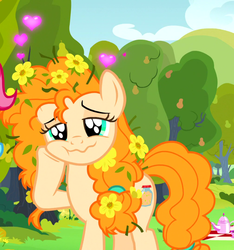 Size: 839x895 | Tagged: safe, screencap, pear butter, earth pony, pony, g4, the perfect pear, big eyes, cheek fluff, flower, flower in hair, heart, in love, messy mane, shiny eyes, squishy cheeks, wavy mouth