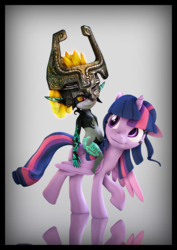 Size: 3500x4950 | Tagged: safe, artist:imafutureguitarhero, twilight sparkle, alicorn, imp, pony, g4, 2d to 3d, 3d, absurd resolution, adaptation, alternate hairstyle, border, chromatic aberration, colored sclera, crossover, duo, fangs, female, film grain, floppy ears, freckles, glowing, horn, legend of zelda: twilight princess, looking at each other, mare, midna, midna sparkle, multicolored hair, nose wrinkle, pun, raised hoof, recursive fanart, reflection, riding, riding a pony, sci-twilicorn, signature, smiling, source filmmaker, the legend of zelda, the legend of zelda: twilight princess, twilight sparkle (alicorn), visual pun, walking, windswept mane, windswept tail, wings