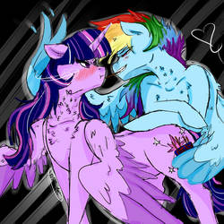 Size: 894x894 | Tagged: safe, artist:captainloafnugget, rainbow dash, twilight sparkle, alicorn, pegasus, pony, g4, blushing, chest fluff, colored wings, duo, female, food, heart, lesbian, looking at each other, mare, multicolored wings, pocky, pocky game, ship:twidash, shipping, twilight sparkle (alicorn), twilight sparkle is not amused, unamused, wings