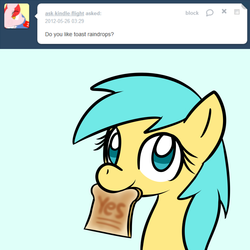 Size: 750x750 | Tagged: safe, artist:datahmedz, sunshower raindrops, pony, raindropsanswers, g4, ask, bread, female, food, mouth hold, solo, that pony sure does love bread, toast, tumblr