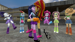 Size: 1279x719 | Tagged: safe, artist:littlevicgreener, applejack, fluttershy, pinkie pie, rainbow dash, rarity, sunset shimmer, twilight sparkle, human, equestria girls, g4, 3d, blood, blushing, clothes, female, holding leg, humane five, intimate, kiss on the lips, kissing, lesbian, making out, nosebleed, ship:sunsetsparkle, shipping, signature, skirt, source filmmaker, swoon