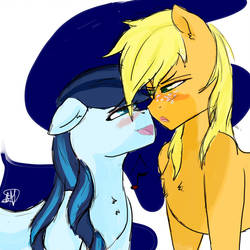 Size: 894x894 | Tagged: safe, artist:captainloafnugget, applejack, coloratura, earth pony, pony, g4, blushing, duo, female, floppy ears, lesbian, looking at each other, mare, missing accessory, open mouth, rara, ship:rarajack, shipping, story included
