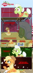 Size: 1919x4225 | Tagged: safe, artist:estories, applejack, granny smith, oc, oc:silverlay, earth pony, original species, pony, umbra pony, unicorn, comic:a(pple)ffection, g4, applejack's hat, comic, cowboy hat, crying, crying on the outside, female, floppy ears, hat, open mouth, picture, text