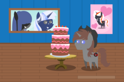 Size: 6000x4000 | Tagged: safe, artist:steampunk-brony, oc, oc only, oc:neigh sayer, oc:silverlay, oc:steamy, oc:velvet remedy, earth pony, original species, pony, umbra pony, unicorn, fallout equestria, absurd resolution, cake, cowboy hat, cutie mark, envy, eyes closed, fanfic, fanfic art, female, food, grin, hat, hooves, horn, male, mare, pointy ponies, poster, smiling, stallion, that pony sure does love cakes, window