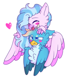 Size: 1200x1350 | Tagged: dead source, safe, artist:lolwise, gallus, silverstream, classical hippogriff, griffon, hippogriff, g4, :p, blush sticker, blushing, cheek fluff, chest fluff, cute, daaaaaaaaaaaw, diastreamies, female, floppy ears, fluffy, gallabetes, happy, heart, male, open mouth, ship:gallstream, shipping, silly, simple background, straight, tongue out, transparent background, tsundere, wings