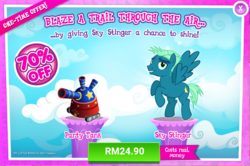 Size: 1042x692 | Tagged: safe, gameloft, sky stinger, pegasus, pony, g4, advertisement, costs real money, introduction card, male, party tank, sale, stallion