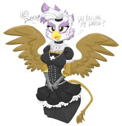Size: 1200x1242 | Tagged: safe, artist:flutterthrash, gilda, griffon, anthro, g4, breasts, clothes, dialogue, female, gloves, maid, maid headdress, simple background, solo, spread wings, white background, wings