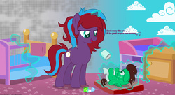 Size: 11000x6000 | Tagged: safe, artist:gamerpen, oc, oc only, oc:charming dazz, oc:northern haste, pony, absurd resolution, age regression, baby, baby pony, baby powder, bed, bedroom, cabinet, changing table, commission, crib, diaper, diapering, foal, foal powder, levitation, magic, nursery, soda, soda bottle, telekinesis, transformation