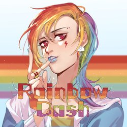 Size: 1024x1024 | Tagged: safe, artist:xieyanbbb, rainbow dash, human, g4, clothes, ear piercing, earring, female, finger, humanized, jacket, jewelry, nail polish, nails, piercing, rainbow, rainbow hair, ring, solo, tattoo, text