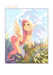 Size: 724x1024 | Tagged: safe, artist:xieyanbbb, fluttershy, butterfly, pegasus, pony, g4, cloud, cloudy, female, flying, grass, mare, morning, sky, solo, time, timestamp, watering can, wrong eye color