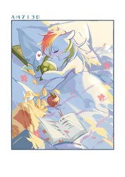 Size: 724x1024 | Tagged: safe, artist:xieyanbbb, rainbow dash, tank, pegasus, pony, tortoise, g4, apple, bed, bedroom, bedsheets, book, chips, female, food, heart, mare, morning, sleeping, slob, solo focus, speech bubble, time, timestamp
