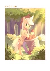 Size: 724x1024 | Tagged: safe, artist:xieyanbbb, applejack, earth pony, pony, g4, apple, apple basket, apple orchard, basket, bush, cowboy hat, female, food, forest, grass, hat, hoof hold, mare, morning, orchard, solo, standing, stetson, time, timestamp, tree