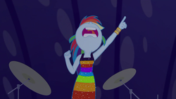 Size: 1920x1080 | Tagged: safe, screencap, rainbow dash, equestria girls, equestria girls series, g4, spring breakdown, spoiler:eqg series (season 2), armpits, clothes, cymbals, dark, dress, female, looking up, musical instrument, nose in the air, pointing, sleeveless, wristband