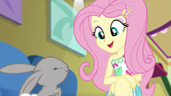 Size: 1920x1080 | Tagged: safe, screencap, fluttershy, mr. bouncy, rabbit, equestria girls, equestria girls series, g4, spring breakdown, spoiler:eqg series (season 2), cute, duo, eyes closed, female, geode of fauna, magical geodes, male, shyabetes