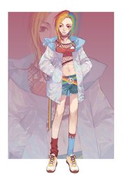 Size: 1080x1528 | Tagged: safe, artist:xieyanbbb, rainbow dash, human, g4, belly button, belt, bra, choker, clothes, cutie mark on clothes, female, hot pants, humanized, jacket, midriff, mismatched socks, net, rainbow hair, shoes, sneakers, socks, solo, tattoo, underwear, zoom layer