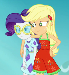 Size: 812x888 | Tagged: safe, screencap, applejack, rarity, equestria girls, equestria girls specials, g4, my little pony equestria girls: better together, my little pony equestria girls: spring breakdown, arm around neck, bare shoulders, clothes, comforting, cropped, dress, geode of shielding, geode of super strength, magical geodes, shipping fuel, sleeveless, smiling, sunglasses, unhappy