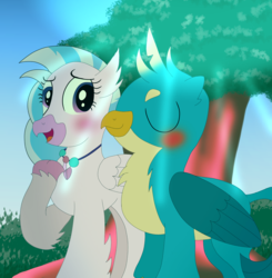Size: 2048x2090 | Tagged: safe, artist:doraeartdreams-aspy, gallus, silverstream, classical hippogriff, griffon, hippogriff, g4, blushing, cheek kiss, cute, diastreamies, female, gallabetes, high res, kissing, male, ship:gallstream, shipping, straight, tree