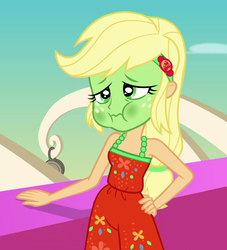 Size: 980x1079 | Tagged: safe, screencap, applejack, equestria girls, equestria girls specials, g4, my little pony equestria girls: better together, my little pony equestria girls: spring breakdown, cropped, geode of super strength, green face, hand on hip, magical geodes, puffy cheeks, seasickness, sleeveless
