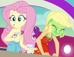 Size: 1273x987 | Tagged: safe, screencap, applejack, fluttershy, equestria girls, equestria girls specials, g4, my little pony equestria girls: better together, my little pony equestria girls: spring breakdown, cropped, female, green face, puffy cheeks, seasickness, sleeveless