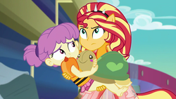 Size: 1920x1080 | Tagged: safe, screencap, sunset shimmer, water lily (g4), equestria girls, equestria girls series, g4, spring breakdown, spoiler:eqg series (season 2), carrying, female, irl, photo, plushie, ponied up, super ponied up