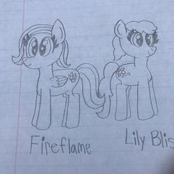 Size: 640x640 | Tagged: safe, artist:nightshadowmlp, oc, oc only, oc:fireflame, oc:lily bliss, earth pony, pegasus, pony, duo, female, lined paper, mare, text, traditional art