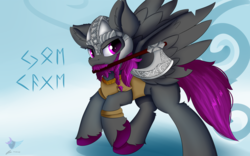 Size: 2000x1250 | Tagged: safe, artist:lunar froxy, oc, oc only, oc:jokage, pegasus, pony, abstract background, armor, axe, looking at you, male, rune text, solo, stallion, weapon