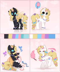 Size: 1921x2286 | Tagged: dead source, safe, artist:php146, oc, oc only, oc:decora, changeling, pony, unicorn, bow, changeling oc, cotton candy, curved horn, cute, cuteling, disguise, disguised changeling, duality, female, food, hair bow, horn, magic, mare, ribbon, solo, telekinesis