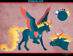 Size: 1233x949 | Tagged: safe, artist:bijutsuyoukai, oc, oc only, oc:jugular, changepony, pony, cloven hooves, colored hooves, crack ship offspring, fangs, male, mane of fire, offspring, parent:daybreaker, parent:pharynx, raised hoof, red background, simple background, solo, spread wings, wings