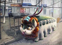 Size: 1500x1075 | Tagged: safe, artist:nemo2d, autumn blaze, kirin, g4, sounds of silence, :p, anime, bus, catbus, city, cloven hooves, crossover, cursed image, female, my neighbor totoro, not salmon, silly, smiling, solo, split hooves, studio ghibli, tongue out, trolleybus, wat