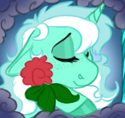 Size: 729x688 | Tagged: safe, artist:nightyscribbles, lyra heartstrings, pony, unicorn, g4, colored hooves, cute, eyes closed, female, floppy ears, flower, lyrabetes, mare, smiling, solo