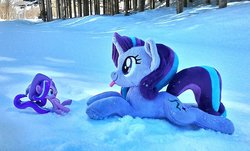 Size: 2048x1238 | Tagged: safe, artist:hihin1993, starlight glimmer, pony, g4, blue, irl, japan, photo, plushie, self ponidox, snow, tongue out