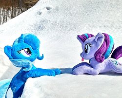 Size: 1493x1199 | Tagged: safe, artist:hihin1993, starlight glimmer, trixie, pony, unicorn, g4, climbing, cute, female, fluffy, frown, glare, hanging, imminent death, imminent murder, irl, japan, long live the king, mare, photo, plushie, prone, smiling, snow, the lion king, tongue out