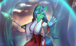 Size: 5000x3000 | Tagged: safe, artist:mintjuice, oc, oc only, oc:natsumi, unicorn, anthro, anthro oc, blue hair, clothes, determination, female, force field, forest, kimono (clothing), magic, magician, mare, miko, open mouth, solo, staff, ych result