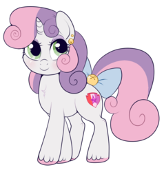 Size: 650x682 | Tagged: safe, artist:lulubell, sweetie belle, pony, unicorn, g4, bell, blushing, bow, cute, diasweetes, ear piercing, female, filly, looking at you, piercing, smiling, solo, tail bow