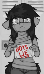 Size: 657x1104 | Tagged: safe, artist:marsminer, oc, oc only, oc:venus spring, anthro, :<, crying, double standard, existential crisis, floppy ears, grayscale, meme, misandry, monochrome, partial color, sbeve, sexism, sign, solo