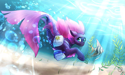 Size: 1250x750 | Tagged: safe, artist:cosmalumi, fizzlepop berrytwist, tempest shadow, angelfish, fish, seapony (g4), female, looking back, seaponified, seapony tempest shadow, smiling, solo, species swap, swimming, underwater