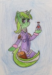 Size: 1381x2000 | Tagged: safe, artist:dice-warwick, oc, oc only, oc:lime dream, pony, fallout equestria, clothes, collar, jumpsuit, solo, sparkle cola, traditional art
