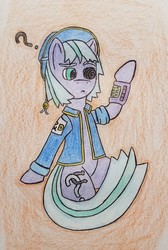 Size: 744x1105 | Tagged: safe, artist:dice-warwick, oc, oc only, oc:slowtrot, pony, fallout equestria, fallout equestria: dance of the orthrus, clothes, cutie mark, dark eyes, fallout equestria: stable-tec r&d, fanfic, fanfic art, female, hat, hooves, jumpsuit, mare, pipbuck, solo, traditional art, vault suit