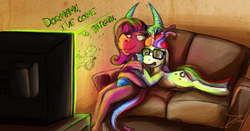 Size: 2101x1100 | Tagged: safe, artist:jamescorck, mina, moondancer, dragon, pony, unicorn, g4, couch, crack shipping, cuddling, doctor strange, female, lesbian, minadancer, shipping, sketch, television