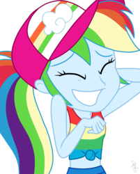 Size: 1440x1791 | Tagged: safe, artist:ilaria122, rainbow dash, equestria girls, equestria girls specials, g4, my little pony equestria girls: better together, my little pony equestria girls: spring breakdown, arm behind head, awkward smile, baseball cap, cap, clothes, cute, dashabetes, eyes closed, grin, hat, midriff, nervous, nervous smile, pants, ponytail, rainbow dash is best facemaker, simple background, sleeveless, smiling, tank top, transparent background