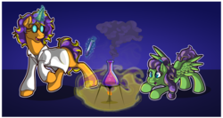 Size: 1280x682 | Tagged: safe, artist:littletigressda, oc, oc:arcane catalyst, pegasus, pony, unicorn, alchemy