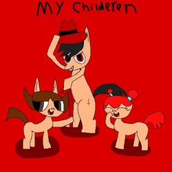 Size: 500x500 | Tagged: safe, artist:undeadponysoldier, oc, oc:molly, oc:nick, oc:the undead pony soldier, pony, brother and sister, cane, children, father, father and child, father and daughter, father and son, fedora, female, hat, inverted cross, male, misspelling, parent, pixel art, siblings