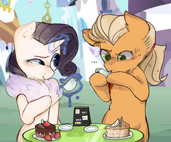 Size: 1693x1399 | Tagged: safe, artist:rrosey89, applejack, rarity, earth pony, pony, unicorn, g4, ..., apple, apple pie, cake, canterlot, clothes, clumsy, cute, earth pony problems, female, food, horse problems, jackabetes, lesbian, palindrome get, pie, raribetes, scarf, ship:rarijack, shipping, silly, silly pony, strawberry, tea, who's a silly pony